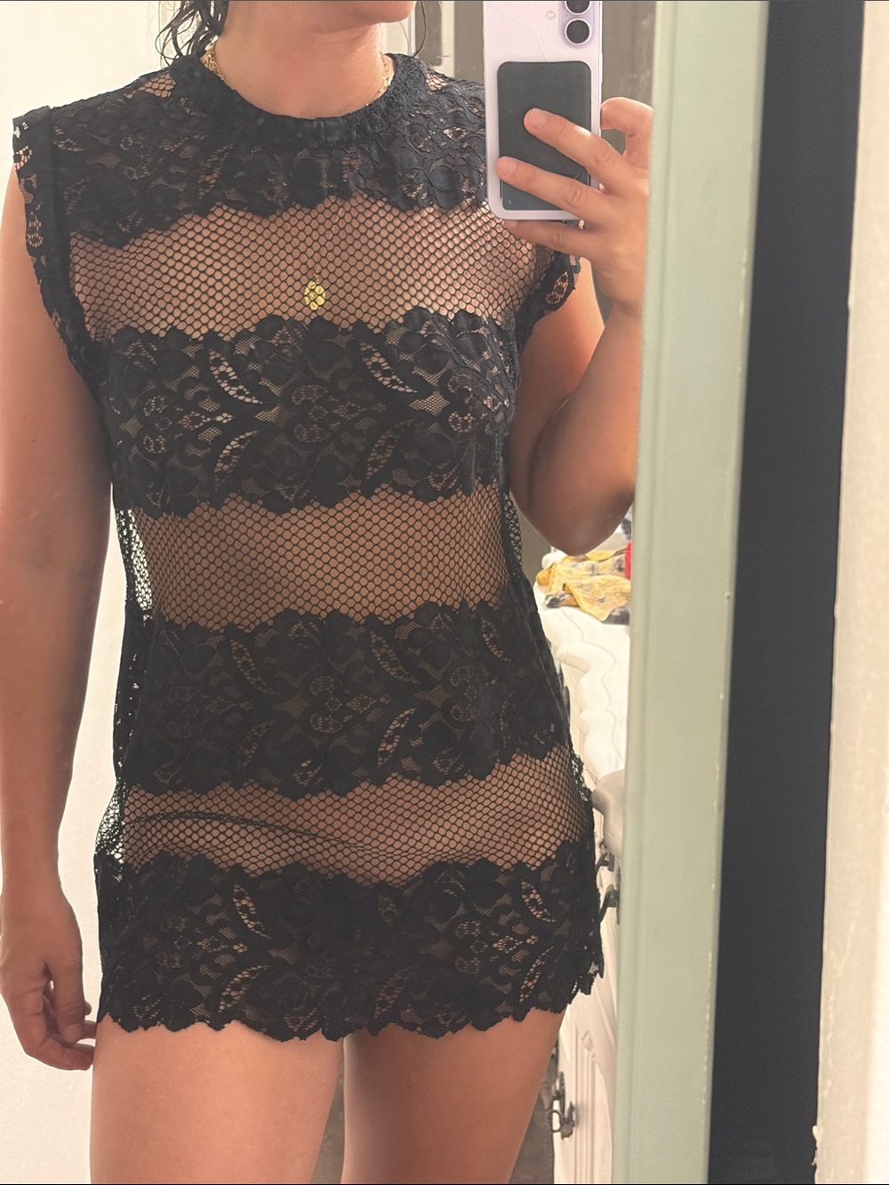 Roberta Saloner Black Lace Mesh Mini Dress